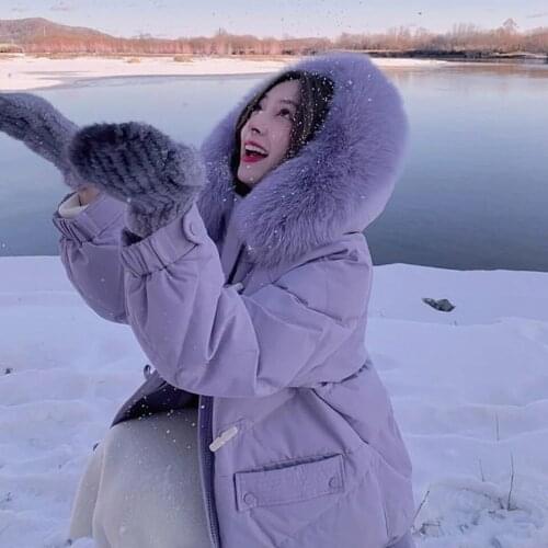 2021 New Winter Parkas Large Real Fox Fur Hooded Long Down Jacket 90% White Duck Down Coat Thick Warm Ox Horn Buckle Outwear