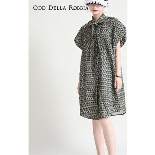 OddDellaRobbia Summer French Vintage Diamond Loose Sleeveless Waistcoat Knee-Length Skirt Fashion Pastoral Bow Tie Shirt 2124