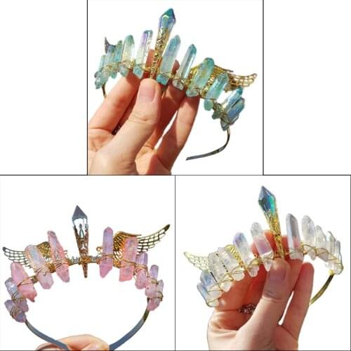 Handmade Colorful Raw Crystal Quartz Crown Headband Retro Angel Wing Tiara Halo Hairband Antique Wedding Headdress