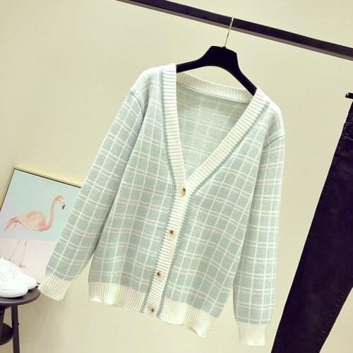 Loose Fashion Knitted Women Sweaters And Cardigan V-Neck Buttom Plaid All Match Thin Office Lady Elegant Outwear Coat Tops
