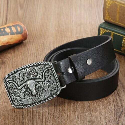 Western Cowboy Zinc Alloy Domineering Bull Headband Retro Flower Belt Buckle PU Belt Mens Gift