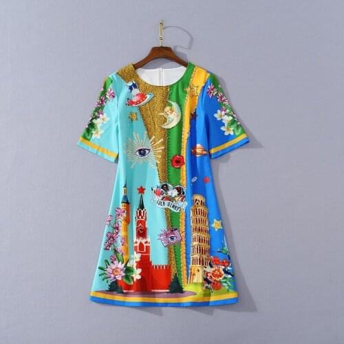 European and American womens clothing 2020 summer new style With short sleeves Cartoon printed nail beads Fashionable dress