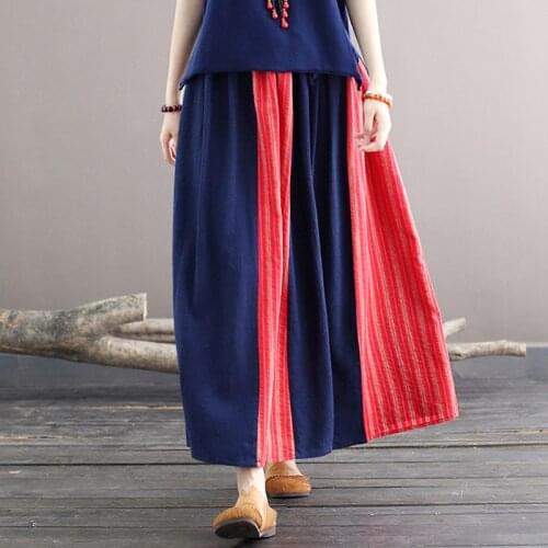 Johnature Women Cotton Linen A-Line Skirts Elastic Waist Patchwork Color Clothes 2021 Summer New Vintage Female Loose Skirts