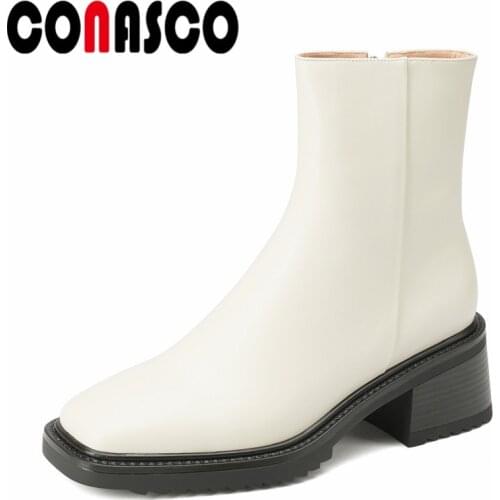 CONASCO Elegant Women Ankle Boots Autumn Winter Warm Genuine Leather Causal Basic Prom Office Concise High Heels Shoes Woman