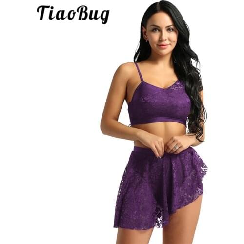 TiaoBug Women Floral Lace Sports Dancing Set Gymnastics Ballet Briefs Skirt with Crop Top Set Adult Stage Lyrical Dance Costumes