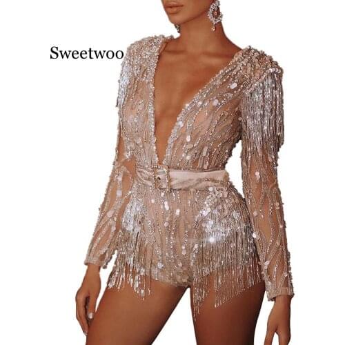 2020 New Style summer WomenSkinny Jumpsuit Long Sleeve Gold Beige Sequins Glitter Solid Color Sexy V-neck Ladies Party Rompers