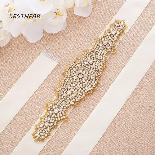 SESTHFAR Beaded Bridal Belt Rhinestones Wedding Belt Hand Gold Crystal Bridal Sash For Wedding Evening Dress