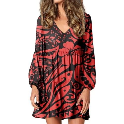 Hycool Summer Lady Sexy V-Neck Lantern Sleeve Loose Casual Dress Custom Hawaiian/Samoan Style Print Plus Size Knee-Length Dress