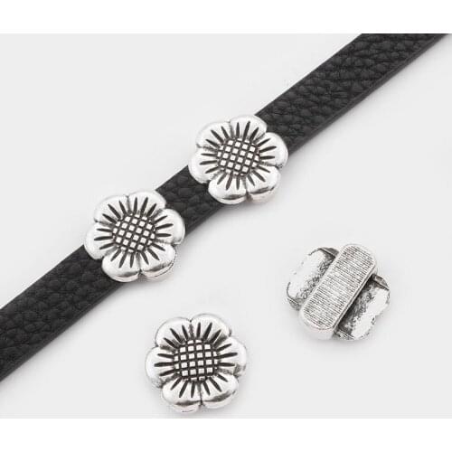 10Pcs Tibetan Silver Sun Flower Beads Slide Spacer For 10*2mm Flat Leather Necklace Bracelet Jewellry Findings Making