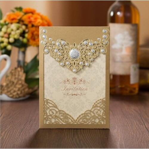 100pcs/lot Gold Laser Cut Wedding Invitations Cardstock with Silver Flowers Pocket Cards For Marriage Birthday Party Supplies