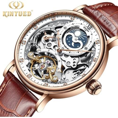 KINYUED Skeleton Watch for Men Mechanical Automatic Watch Men Tourbillon Sport Clock Casual Business Moon Phase Wrist Watch