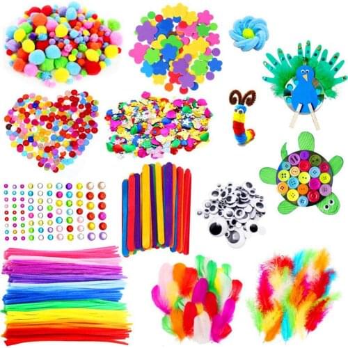 DIY Children Handicraft Supplies Kids Colorful Sequin Plush Wooden Stick Buttons Set for Children Handmade Art Crafts Toy