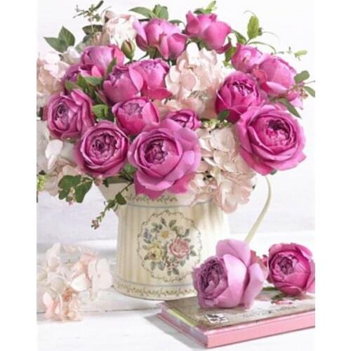 Diy diamond painting peony flower vase mosaic embroidery stitch scenery rhinestone picture puzzle drawing wall decor craft gift
