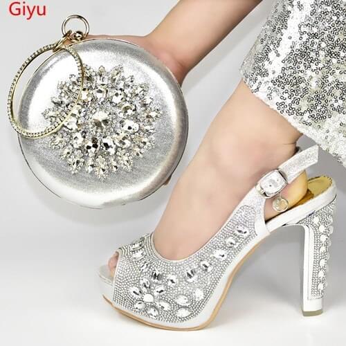 Doershow fashion Shoes and Bag Set African Sets silver Color Italian Shoe Bag Set Decorated with Rhinestone High Quality!!SXD1-6