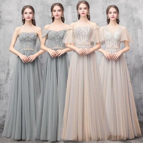Elegant A-Line Off-the-Shoulder Sleeveless Floor-Length Tiered Illusion Champagne Open Back Lace-up Bridesmaid Dresses