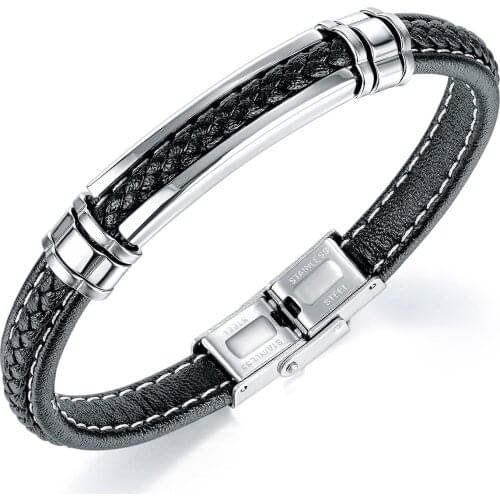 Cyue European Men Boy Braided Leather Bracelet Stainless Steel Charms Button Wristband Fashion Jewelry ZYLB0167