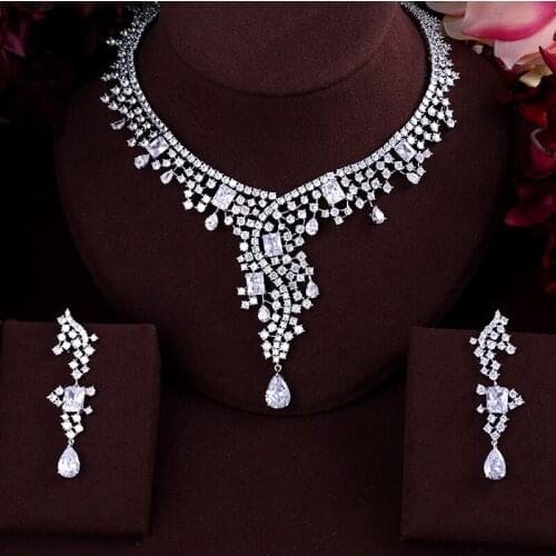 Janekelly New design luxury AAA zircon water drop shape necklace pendant Set for women,high quality party/jewelry wedding