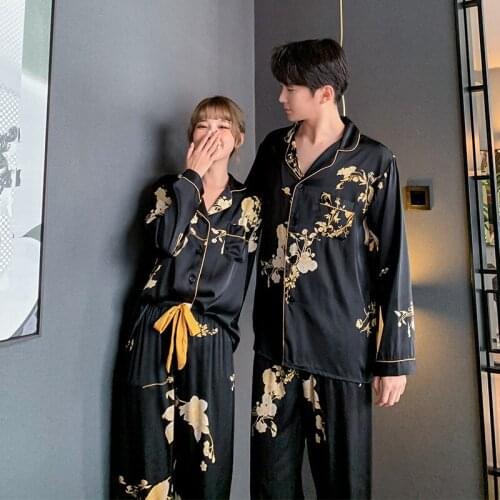 2Pcs Womens Pajama Sets Couple Home Clothes Summer Nightwear Long Sleeve Sleepwear Rboes Female Luxury Style Black Silk Mens