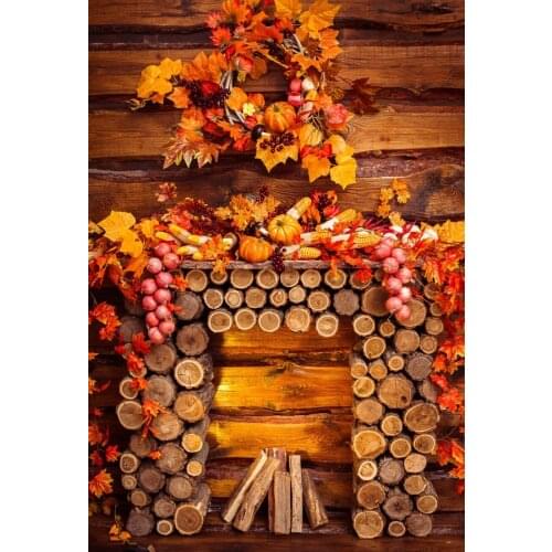 Laeacco Rural Farm Wood Plank Wall Fireplace Autumn Fruit Maples Wreath Party Baby Portrait Photo Background Photo Backdrops