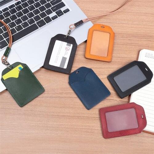 Leather Card Holder Lanyard With Rope Work Card Sleeve ID Badge Case Bus Card Holder Fashion Lanyard Holder Cover