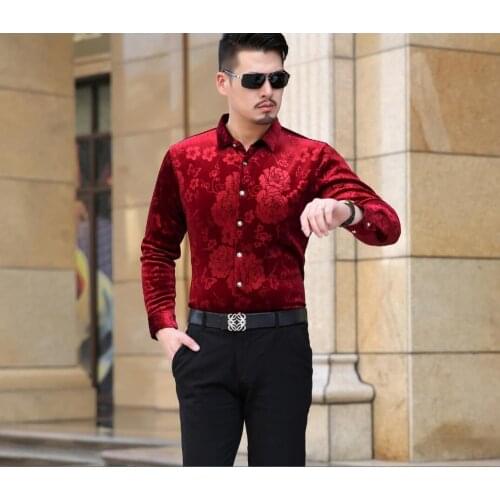Male Thick Velvet Shirt Autumn & Winter Mens Floral Velvet Shirt Long Sleeve Male Casual Thermal Velvet Dress Shirts