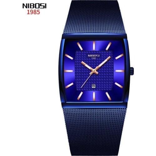 NIBOSI Blue Square Mens Watches Top Brand Luxury Quartz Watch Men Slim Waterproof Male Wristwatch Men Relogio Masculino 2376