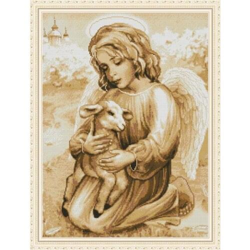 Joy Sunday Printed Cross Stitch Kits Angel and Lamb Needlework 11&14 CT DIY Set Handmade Gift and Home Decor Embroidery Kit