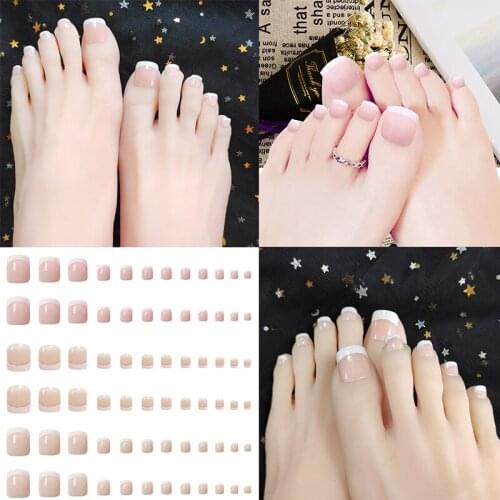 24pcs Foot False Toenail Tips Set French Full Cover Fake Toe Nail Tips Nail Stickers Tips Patches DIY Manicure Decoration