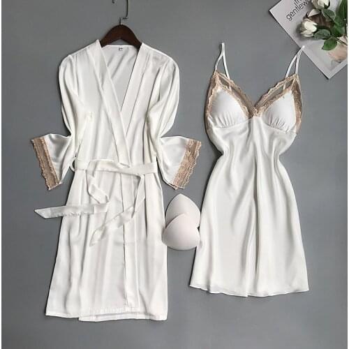 New long sleeve robe with lace bra Ice silk suspender Nightgown 2-piece set spring Autumn Home wear womens pajamas Sexy nightie