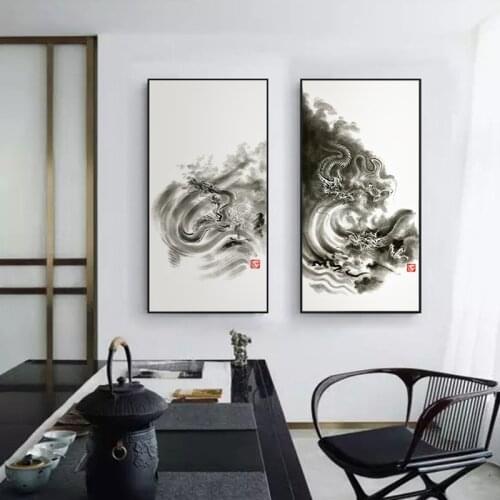 New Chinese Black and White China Ink Wash Painting Dragon Imperial Print Canva Wall Art for Living Room Decor Artwork Fashion