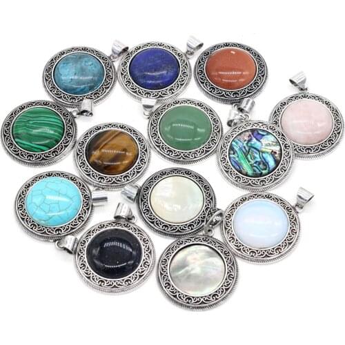 Natural Round Charm Shell Green Aventurine Lapis Lazuli Stone Pendant DIY for Necklace Earring Jewelry Making Gift Size 38x42mm