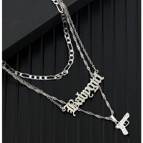JUST FEEL New Multilayer Pistol Letter Pendant Necklace Women Silver Color Babygirl Clavicle Chain Necklace Punk Hip-hop Jewelry