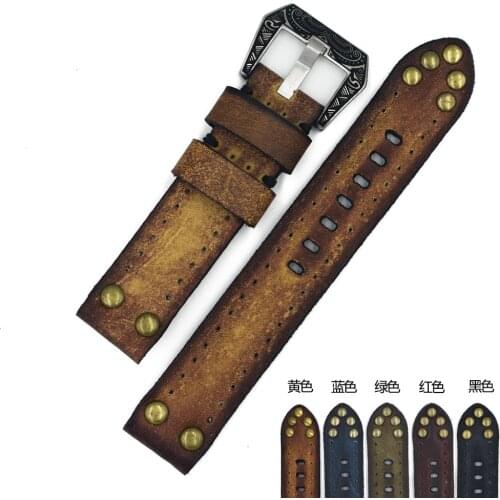 Handmade retro polished leather with rivets strap 18 20 22 24mm large carved buckle