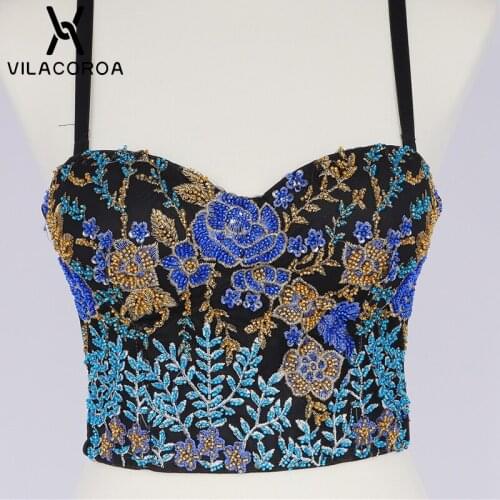 Flower Embroidery Beaded Luxury Camis Lady Stage Costume Clothes Retro Slim Crop Tops Spaghetti Sling Corset Bra Women Camisoles