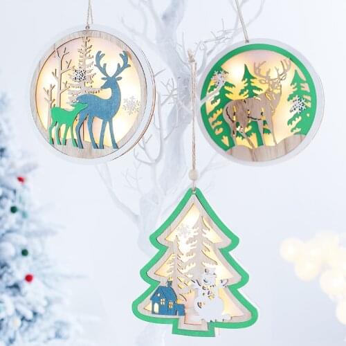 Christmas Ornaments Round Wooden Elk Luminous Lighting Ornaments Christmas Tree Decoration Creative Christmas Ornaments