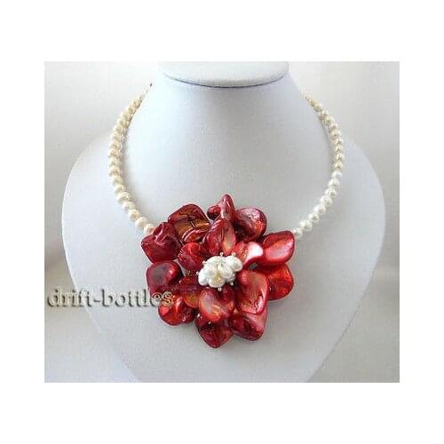 Handmade 70mm Red Shell Flower White Freshwater Pearl Necklace