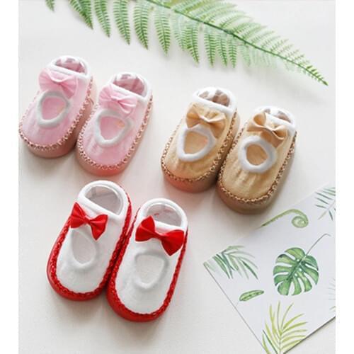 Spring Summer Non-Slip Leather Bottom Baby Shoes Childrens Floor Socks Bow 0-3 years old Girl Socks Baby Care