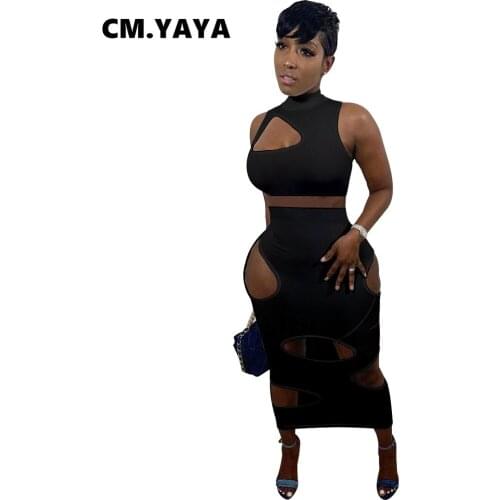 CM.YAYA Summer Solid Cut Out Hole Midi Maxi Skirts Set for Women Sexy Beach Crop Tops Matching Two 2 Piece Tracksuit Outfits