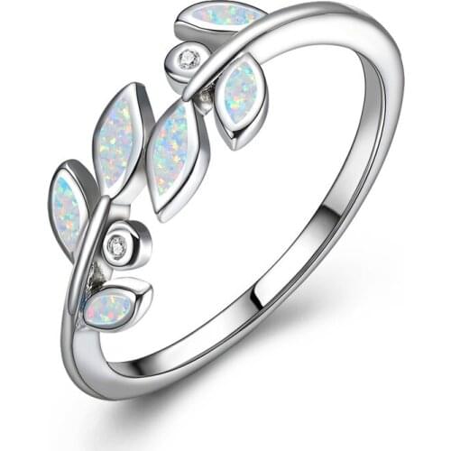 Vintage Female Blue White Opal Jewelry Charm Silver Color Wedding Rings For Women Cute Crystal Bride Leaf Thin Engagement Ring