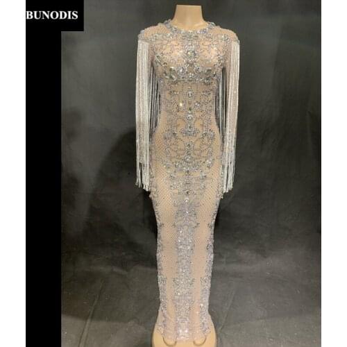 ZD459 Women Sexy Long Skirt Silver Tassel Material Spandex Full Of Sparkling Crystals Nightclub Party Stage Wear Costumes