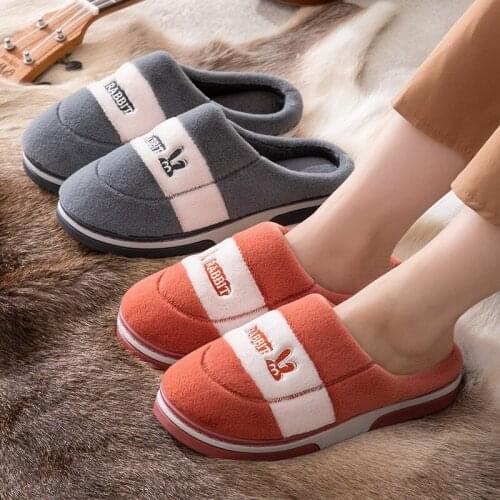 Autumn and Winter New Ladies Home Cotton Slippers Couple Cute Rabbit Fur Warmth Mens Cotton Slippers Female Non-slip