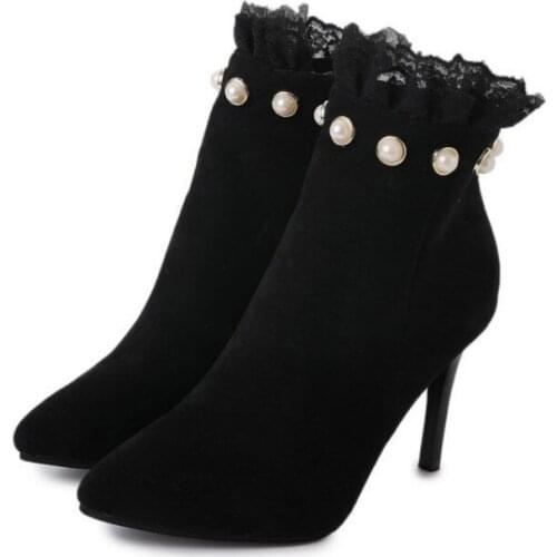 2020 Spring And Autumn High Heel Suede Sexy Lace Pointed Designer Zip Pearl Ankle Boots Ladies Short Boots 9CM Black B22-52