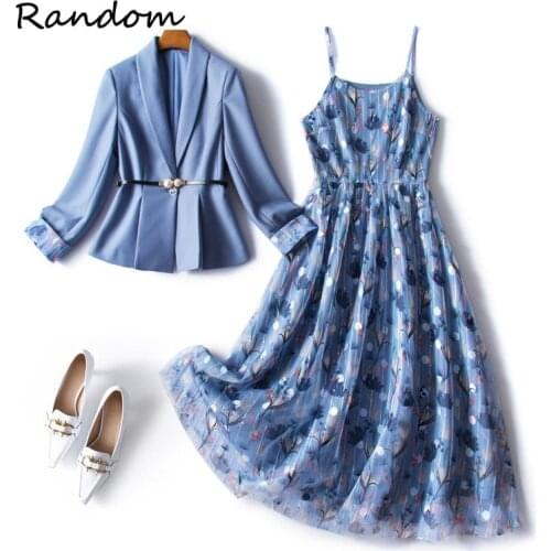 Women Plus Size Office Dress Suit Jacket Coat Top And Floral Print Mesh Sundress Two Piece Set Elegant Outfit Workwear Clothing