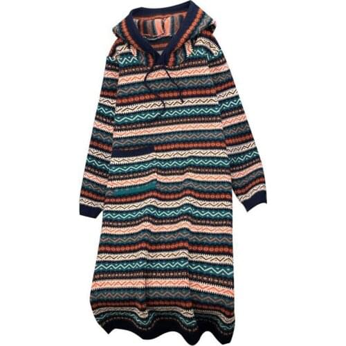 New Spring Autumn Womens Knitted Dress Striped Pattern Female Pullover Hooded Sweaters Casual Loose Lady Bottoming Thick Warm