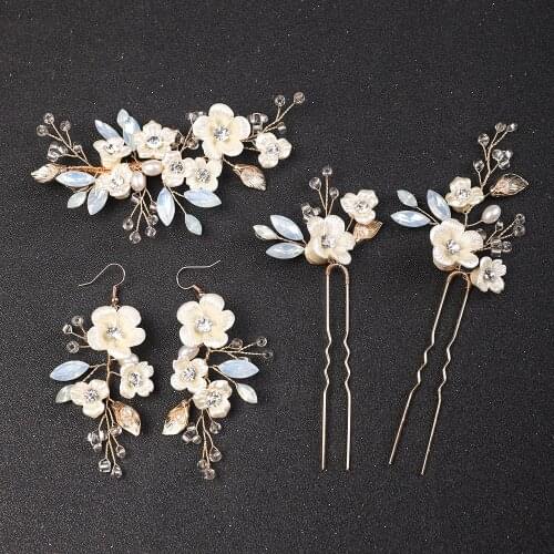 Gold Wedding Accessories Flower Hair Clips Bridal Earrings Headpieces Head Jewelry Bride Headdress Hair Pins
