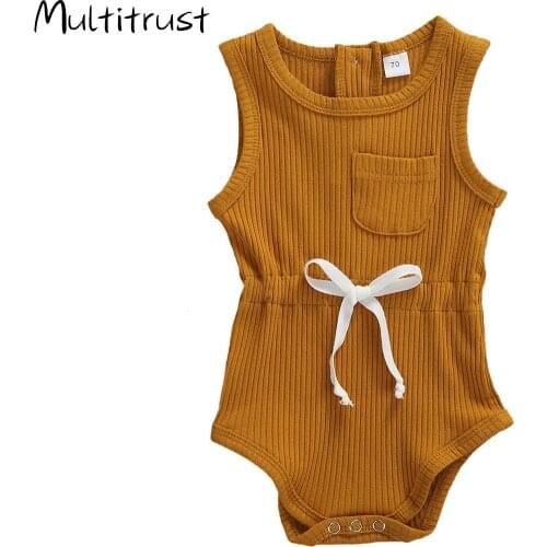 2020 Fashion Baby Boy Sleeveless Romper Toddler Infant Baby Girl Rib-knitted Romper Drawstrings Jumpsuit Newborn Cotton Outfits
