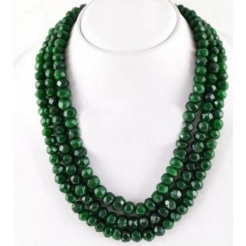 3Rows Natural 5x8mm Green Emerald Faceted Gemstone Beads Necklace 17-19'' AAA