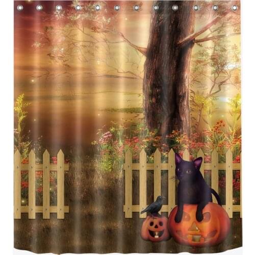 72'' Halloween Bathroom Waterproof Fabric Shower Curtain Polyester 12 Hooks Bath Accessory Sets Sunset Black Cat Crow On Pumpkin