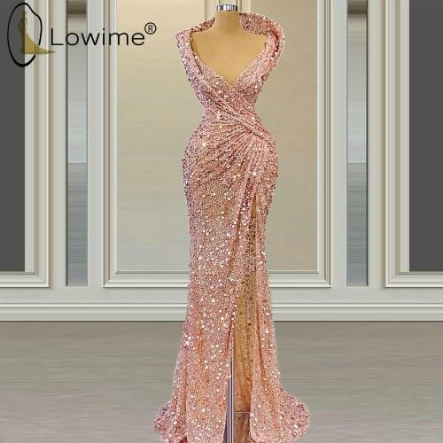 Sparkly Pink Long Mermaid Evening Dresses 2021 V Neck Formales Robe Longue Sexy High Slit Party Gowns Robe De Soirée De Mariage