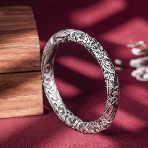 102g--200g Women Mom Heavy 999 Sterling Silver peony phoenix Bangle Cuff Bracelet jewelry gift A5179